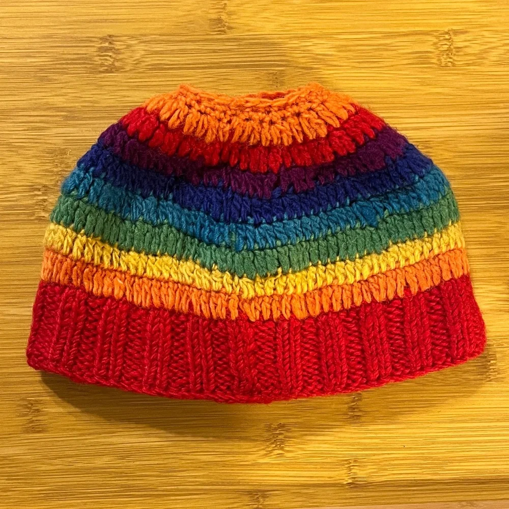 Wool Rainbow Ponytail Beanie